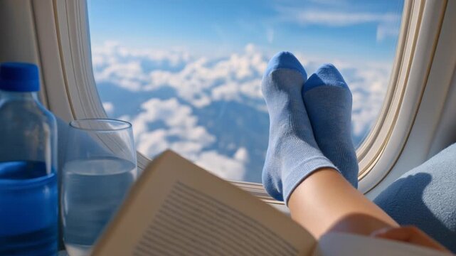 Experience ultimate comfort and relaxation with compression socks and a soothing view on your flight.