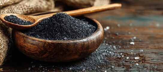Dark salt in a wooden bowl