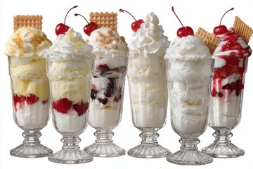 Six Ice Cream Sundaes in Glasses with Cherries and Waffle Cookies Studio Shot on White Background