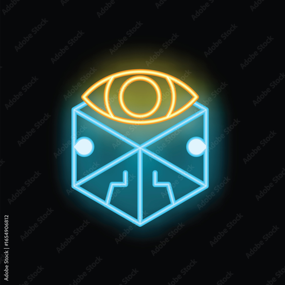 Aufkleber neon sign of an eye watching over a geometric cube with electronic components, representing artifici