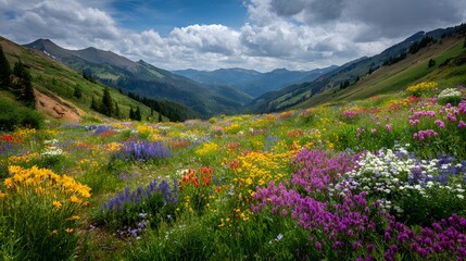 Colorful wildflower meadow in the mountains landscape scenic nature photography wallpaper background image