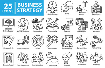 Business strategy icon set collection in outline style. An icon pack contain meeting, leadership, solution, coffee break, compensation, time management, growth report, networking, competition, goals