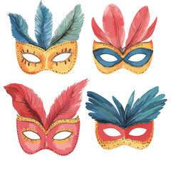 Watercolor Masks with Feathers A Festive Collection of Colorful Designs