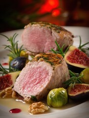 Fototapeta premium Gourmet Pork Tenderloin Dish Close Up with Figs Brussels Sprouts and Rosemary Elegant Presentation