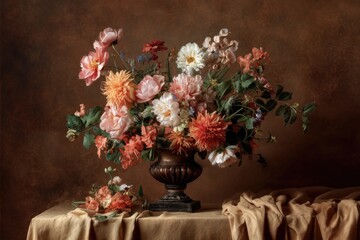 A lavish floral arrangement in a bronze urn,  set on a textured table draped with a muted beige cloth against a warm brown backdrop