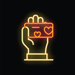Naklejka premium Neon sign of a hand holding a love letter with hearts, perfect for valentine's day or romantic projects