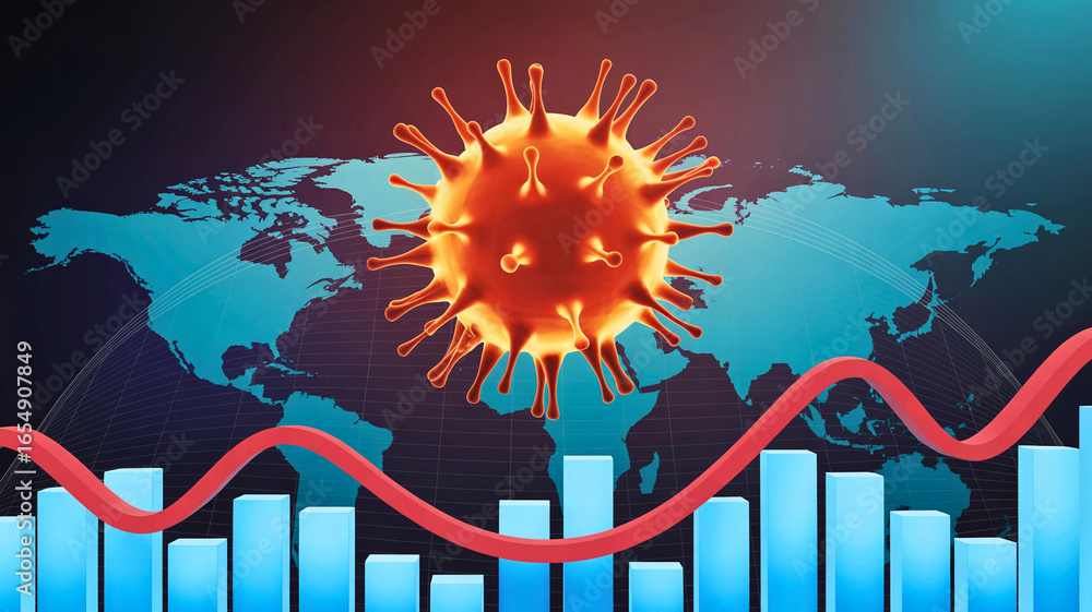 Poster pandemic crisis concept showing a virus cell over a world map with a declining economic graph and st