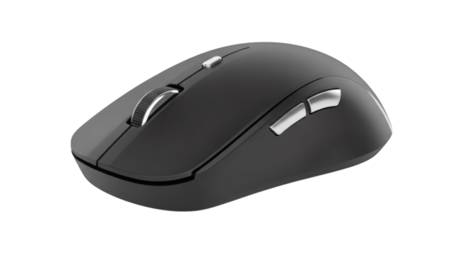 Ergonomic wireless mouse for computer laptop pc gaming silent click optical mice black color precision device on transparent background