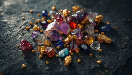 Colorful Precious Gemstones And Gold Nuggets On Dark Stone Surface For Jewelry Design Luxury Background And Mineral Resource Concept