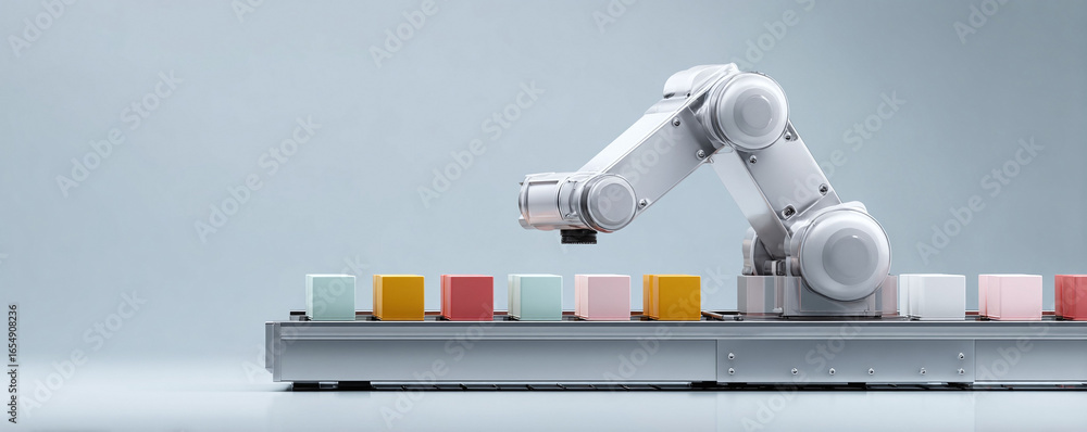 Poster automated assembly line featuring a robotic arm and colorful blocks on a conveyor. symbolizes techno