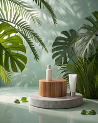 Obraz premium Natural skincare products displayed amidst lush tropical greenery