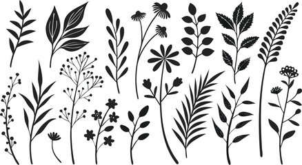 Fototapeta premium Minimal feminine botanical floral branch in silhouette style. hand drawn sketch branches set. Minimalist black silhouette vector illustration of assorted botanical elements arranged in rows.