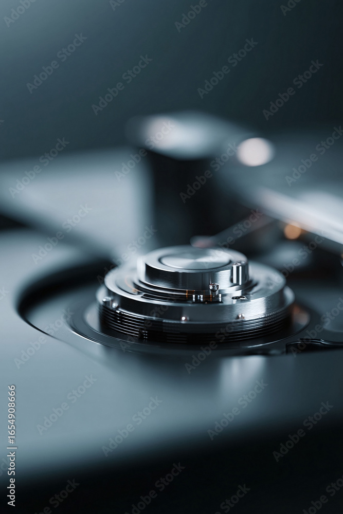 Poster closeup of a hard drives internal components. this image evokes concepts like data storage, technolo