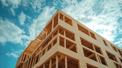 A low-angle view of a modern wooden building frame against a vibrant blue sky dotted with fluffy clouds.
