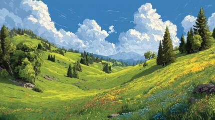 Naklejka premium The serene landscape features lush green hills, trees, and fluffy clouds under a clear blue sky.