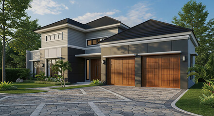 A two-story modern house with a large garage and a patterned driveway.