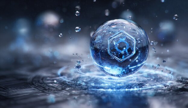 A crystal sphere, glowing blue, rests on a dark surface. Water droplets cascade around it, creating a dynamic effect