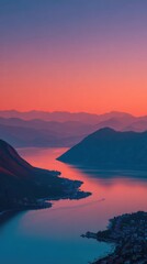 Naklejka premium Serene mountain range reflecting in a tranquil river at sunset. Blurry, vibrant colors