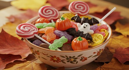 Spooky Halloween candy bowl overflowing with treats, pumpkins, bats, ghosts, and lollipops