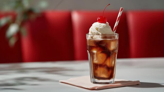 Indulge in a classic root beer float topped with vanilla ice cream and a cherry, served in a nostalgic retro diner glass.