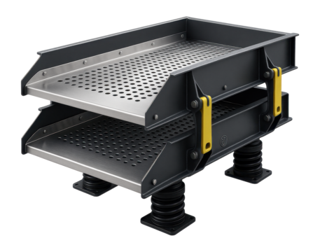 Linear motion screen with a double deck and vibration dampeners for a recycling plant.