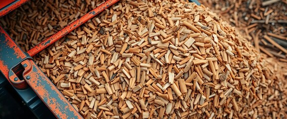 Aerial view of wood chipper conveyor belt, wood chips spilling,  conveyor belt,  equipment