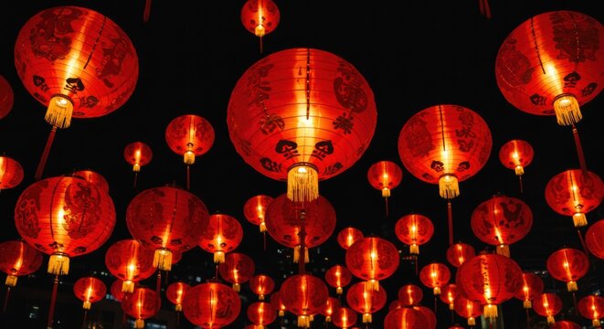 Vibrant red lanterns illuminate night sky creating festive atmosphere for celebrations and cultural events - Powered by Adobe