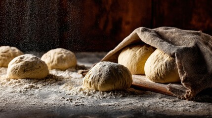 Obraz premium Dough Balls Rising Sprinkled with Flour Rustic Kitchen Table Top Angle Baking Preparation Process