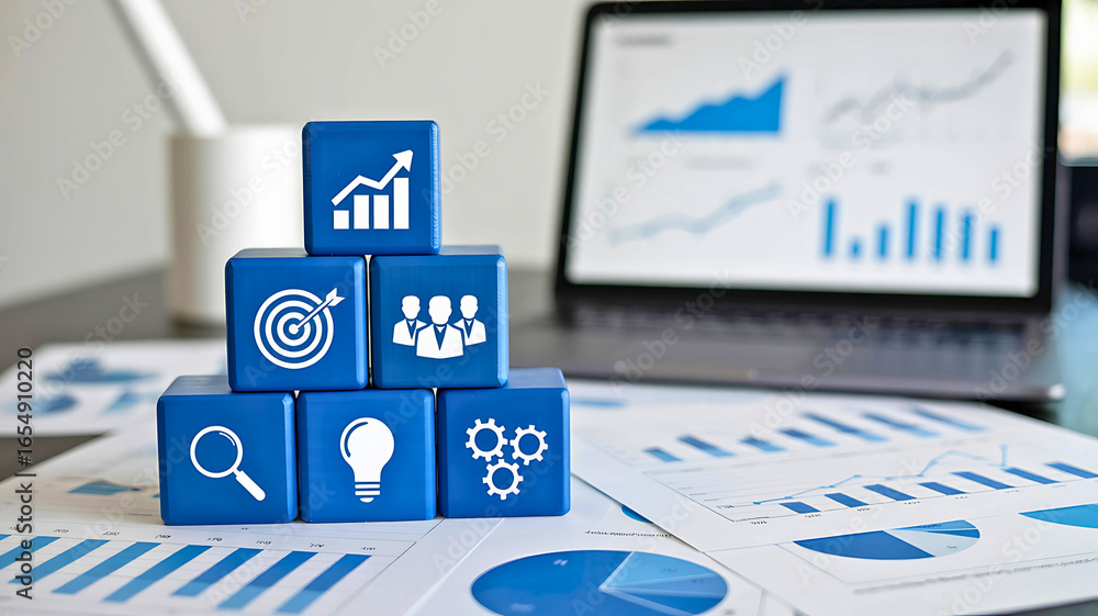 Poster data analysis blocks with laptop and charts representing business growth and strategy