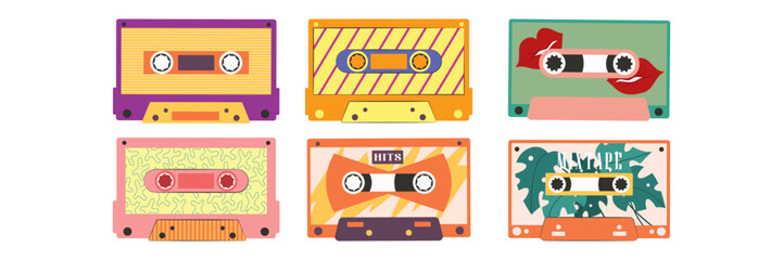 Retro vintage electronic devices collection with cassette tapes cameras phones and computers