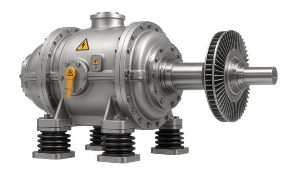 Nuclear steam turbine generator with a low-pressure rotor and reinforced casing for a nuclear power plant.