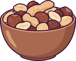 A simple illustration of a brown bowl filled with a variety of mixed nuts including peanuts and hazelnuts