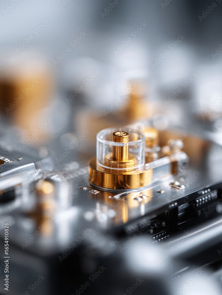 Poster macro shot of a sophisticated electronic circuit board with golden elements. conceptual image for te