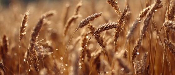 Obraz premium Golden wheat field at sunrise with dew drops on the ears of grain close up shot in rural countryside