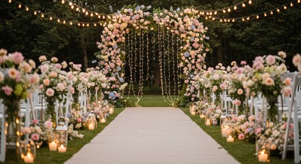 Dreamy outdoor wedding ceremony aisle adorned with floral arch, fairy lights, and romantic lanterns