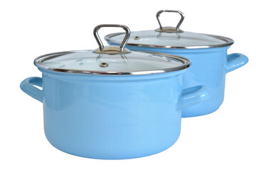 Blue colored metal enameled pans isolated on PNG background.