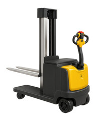 Electric stacker with a side-loading capability and reinforced mast for handling long loads in a furniture manufacturing plant.