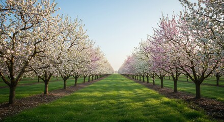 春の光輝く果樹園 白い花びら優しく揺らめく. AI Generated