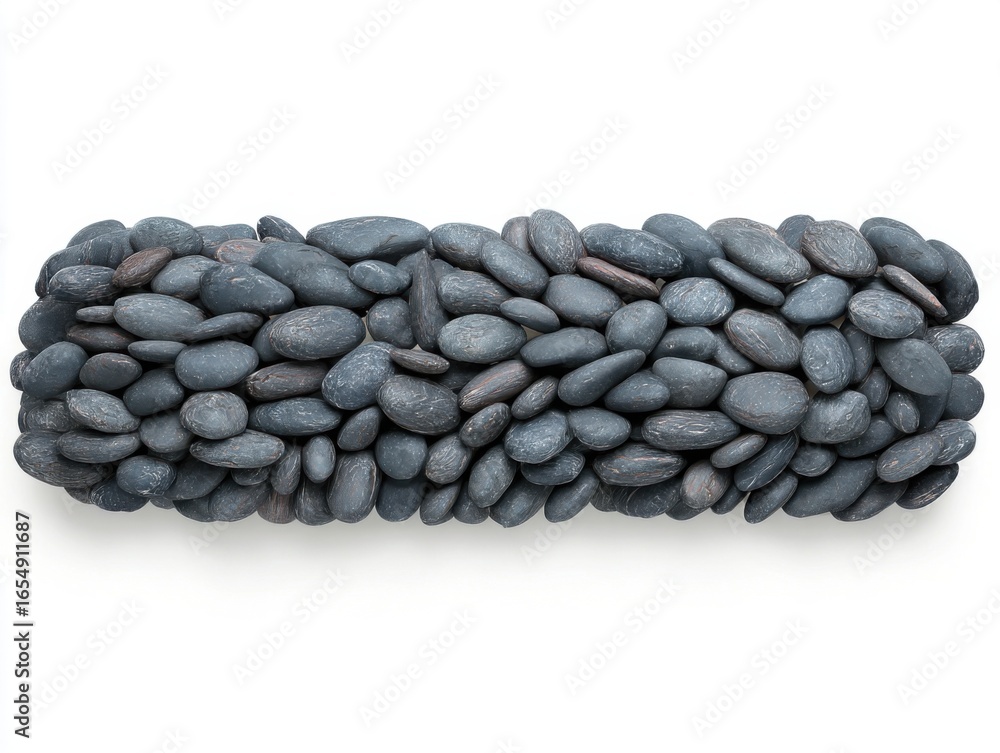 Poster overhead shot of smooth grey river stones arranged in a rectangular shape against a white background
