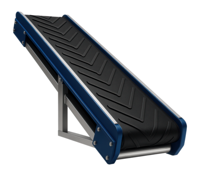 Chevron belt conveyor with a textured surface for inclined transport in a cement plant.