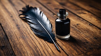 An elegant black ink bottle with a quill pen, resting on a rustic wooden surface.