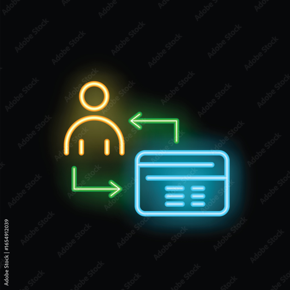 Poster neon sign representing a user exchanging data with a website, concept of online banking or online pa