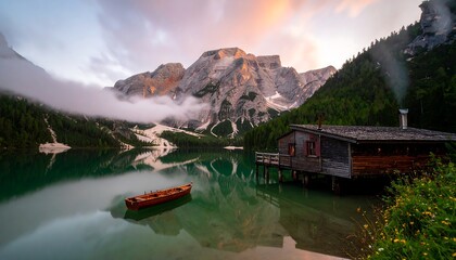 Tranquil Braies Lake: Wooden Boathouse, Boat, and Mountain Reflections at Sunrise