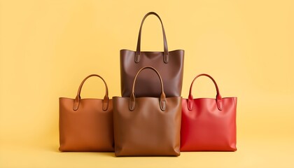 A collection of leather tote bags in various colors, arranged against a yellow backdrop.