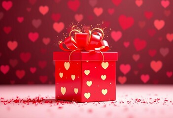 Obraz premium Red gift box glowing heart sparkles, Happy Mother's Day vector poster, celebration, gift