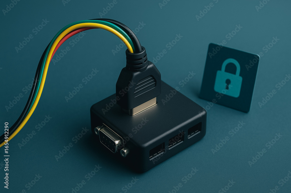 Poster data security: a technological still life featuring a secure hdmi splitter, intertwined with a digit