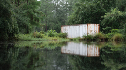 Fototapeta premium Serene scene featuring a weathered container nestled amongst lush greenery along a tranquil body of water, offering reflection, texture, and quiet contrast.