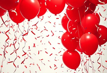 Red balloons and confetti burst, festive celebration, vibrant, art