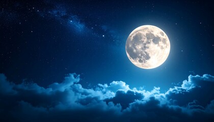 A luminous full moon shines brightly over a night sky filled with stars and clouds.