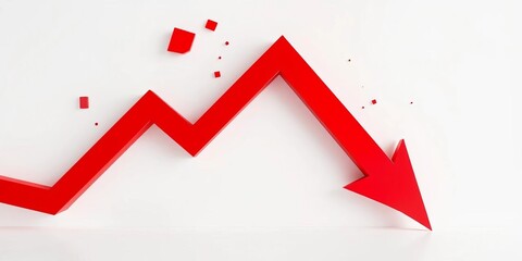 Red arrow crashing down on a white background, symbolizing financial crisis, template, business